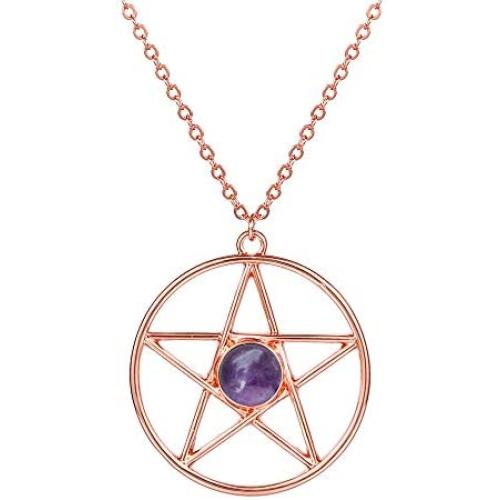 SENFAI Pentagram Star Semi-Precious Stones Pendant Wiccan Pagan Necklace 18 Inch