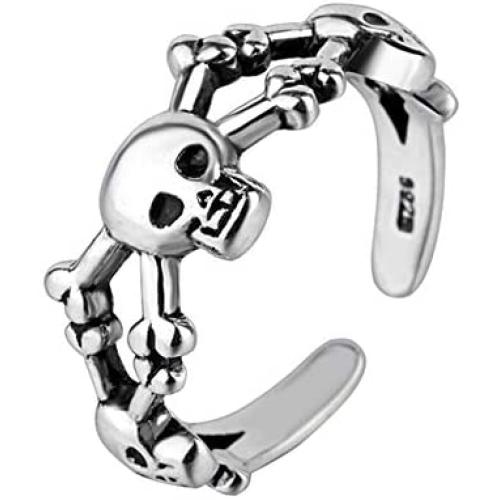 925 Sterling Silver Plated Retro Treble Human Skeleton Skull Head Adjustable Band Ring,Size 5-7