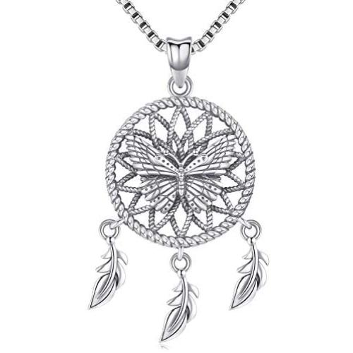 Aniu Butterfly Dream Catcher Necklace for Women, S925 Sterling Silver Feathers Girls Pendant (with Gift Box and 18 Inch Chain)