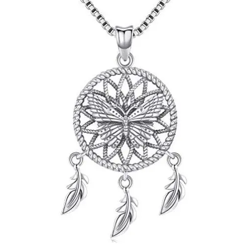 Aniu Butterfly Dream Catcher Necklace for Women, S925 Sterling Silver Feathers Girls Pendant (with Gift Box and 18 Inch Chain) Aniu Butterfly Dream Catcher Necklace for Women, S925 Sterling Silver Feathers Girls Pendant (with Gift Box and 18 Inch Chain)
