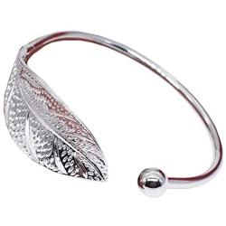 Weishu 925 Sterling Silver Leaf Feather Bracelets & Bangles for Women Wedding Gift Adjustable Bracelet Birthday Leaf-Shaped Cuff Jewelry