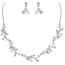 EVER FAITH Austrian Crystal White Simulated Pearl Bridal Floral Leaf Vine Jewelry Set Clear