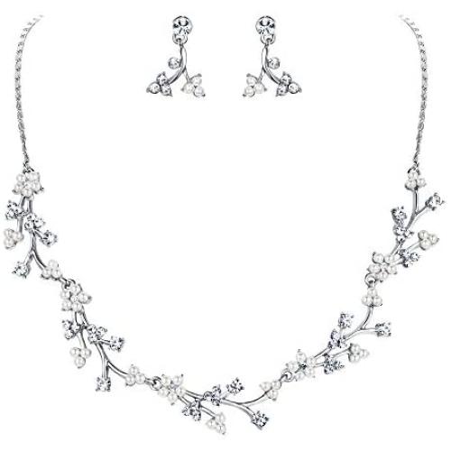 EVER FAITH Austrian Crystal White Simulated Pearl Bridal Floral Leaf Vine Jewelry Set Clear