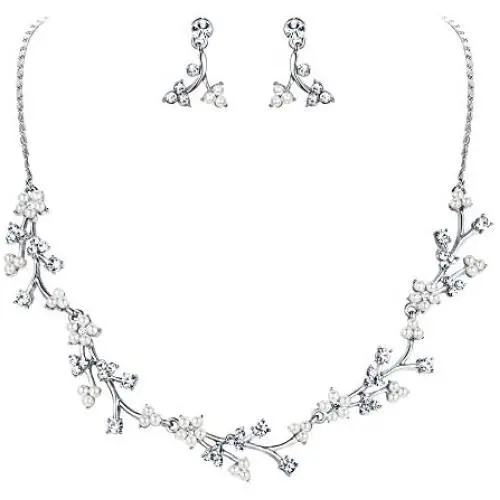 EVER FAITH Austrian Crystal White Simulated Pearl Bridal Floral Leaf Vine Jewelry Set Clear EVER FAITH Austrian Crystal White Simulated Pearl Bridal Floral Leaf Vine Jewelry Set Clear