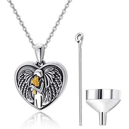 KINGWHYTE Urn Necklaces for Ashes for Women 925 Sterling Silver Two Tone Angel Heart Shape Cremation Jewelry for Ashes of Loved Ones Keepsake KINGWHYTE Urn Necklaces for Ashes for Women 925 Sterling Silver Two Tone Angel Heart Shape Cremation Jewelry for Ashes of Loved Ones Keepsake