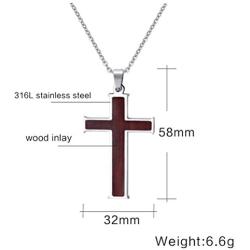 Stainless Steel Wood Cross Necklace Pendant for Mens Christian Jesus Lord Prayer with Chain,Silver