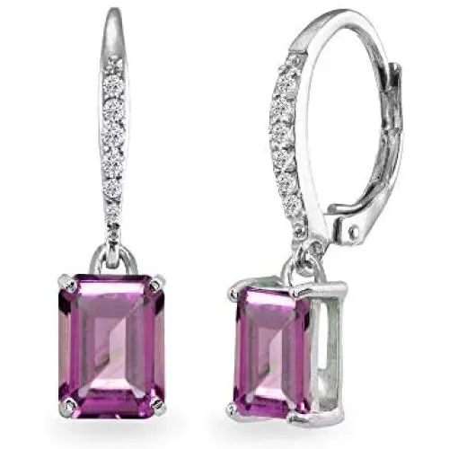 Sterling Silver Genuine or Synthetic Gemstone 8x6mm Octagon-cut Polished Dangle Leverback Earrings Sterling Silver Genuine or Synthetic Gemstone 8x6mm Octagon-cut Polished Dangle Leverback Earrings