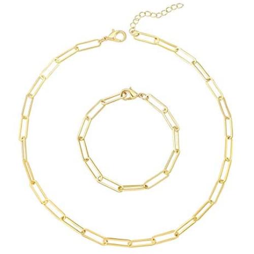 Reoxvo 18K Plated Gold Chain Necklaces for Women Paperclip Necklace and Bracelet Sets