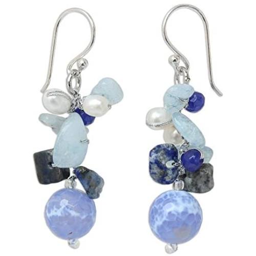NOVICA Multi-Gem Cultured Freshwater Pearl .925 Sterling Silver Beaded Dangle Earrings, Azure Love