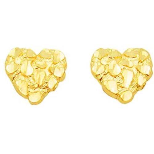 10K Yellow Gold Diamond Cut Nugget Heart Earrings