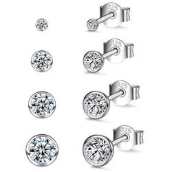 Silver Stud Earrings for Women Men Girls, 4 Pairs Small Round Cubic Zirconia Earrings Set | Tiny Dainty Cartilage Tragus Earrings(2mm/3mm/4mm/5mm)