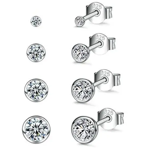 Silver Stud Earrings for Women Men Girls, 4 Pairs Small Round Cubic Zirconia Earrings Set | Tiny Dainty Cartilage Tragus Earrings(2mm/3mm/4mm/5mm) Silver Stud Earrings for Women Men Girls, 4 Pairs Small Round Cubic Zirconia Earrings Set | Tiny Dainty Cartilage Tragus Earrings(2mm/3mm/4mm/5mm)