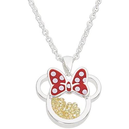 Disney Birthstone Women and Girls Jewelry Minnie Mouse Silver Plated Shaker Pendant Necklace, 18+2'' Extender