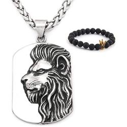 Gungneer Lion Dog Tag Necklace Pendant Stainless Steel Keel Chain King Jewelry Strength Talisman for Men Women