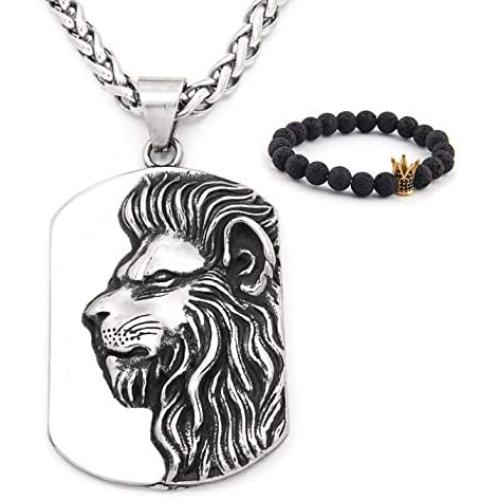 Gungneer Lion Dog Tag Necklace Pendant Stainless Steel Keel Chain King Jewelry Strength Talisman for Men Women