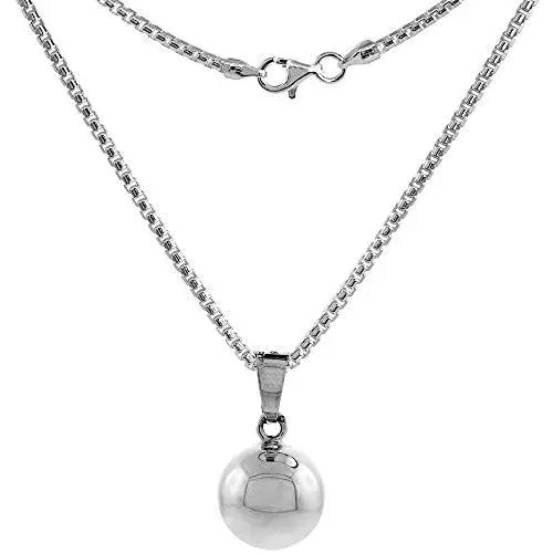 Small Sterling Silver Harmony Ball Necklace 5/8 inch Round High Polished Handmade 2mm Round Box Chain Small Sterling Silver Harmony Ball Necklace 5/8 inch Round High Polished Handmade 2mm Round Box Chain