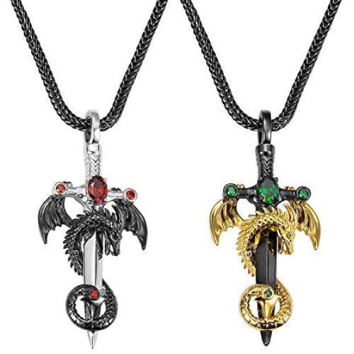 Dragon Necklace Vintage with Personalized Birthstones on Sword - Anniversary Jewelry Gift for Him Men Boys - Mens Punk Pendant 18 to 24 Inches Foxtail Chain