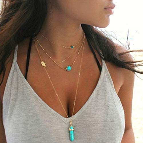 Dresbe Boho Bar Pendant Necklace Gold Layered Choker Turquoise Neck Chain Hand Neck Jewelry Accessories for Women and Girls