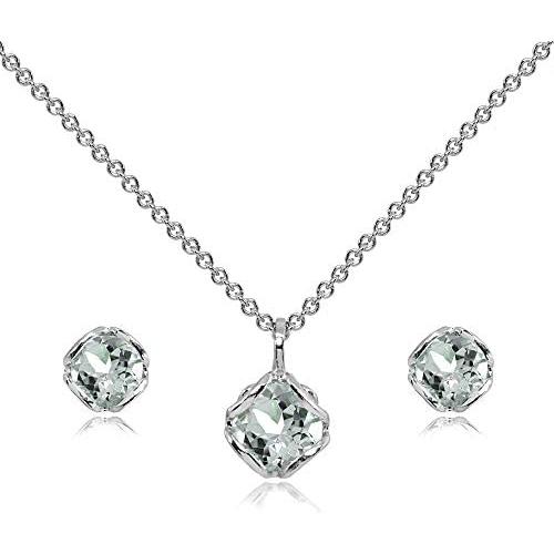 Sterling Silver Genuine or Synthetic Gemstone 6mm Round Fancy Solitaire Pendant Necklace and Stud Earrings Set for Women