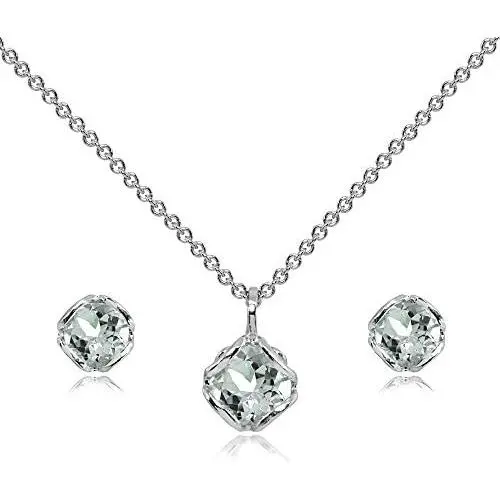 Sterling Silver Genuine or Synthetic Gemstone 6mm Round Fancy Solitaire Pendant Necklace and Stud Earrings Set for Women Sterling Silver Genuine or Synthetic Gemstone 6mm Round Fancy Solitaire Pendant Necklace and Stud Earrings Set for Women
