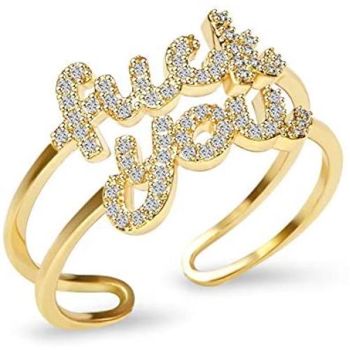 EXGOX Minimalist Cubic Zirconia Adjustable Open Ring,Stackable Open Wrap Word Finger Knuckle Ring for Women/Men Adjustable for US Size 4-12