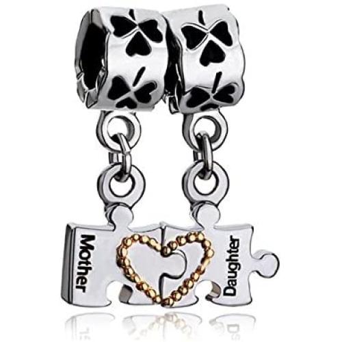Q&Locket Mother Daughter Charms Heart Love Dangle Puzzle Bead For Bracelet