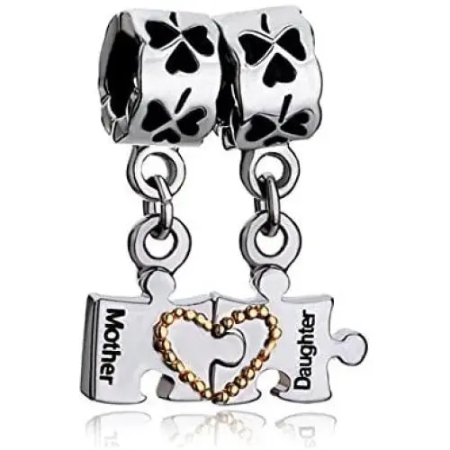 Q&Locket Mother Daughter Charms Heart Love Dangle Puzzle Bead For Bracelet
