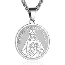 P. BLAKE Stainless Steel Catholic Sacred Heart of Jesus Necklace, 22-24 Inches