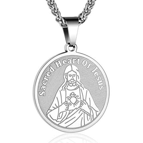 P. BLAKE Stainless Steel Catholic Sacred Heart of Jesus Necklace, 22-24 Inches