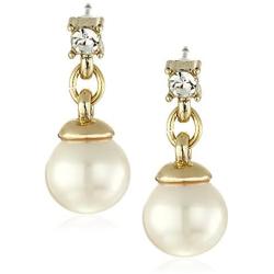 Anne Klein Gold Tone Pearl and Crystal Linear Drop Earrings