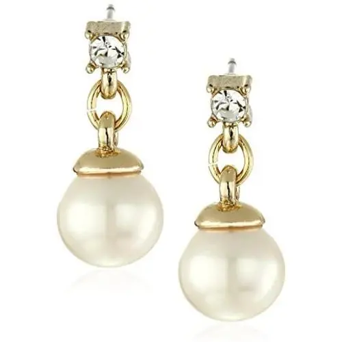 Anne Klein Gold Tone Pearl and Crystal Linear Drop Earrings