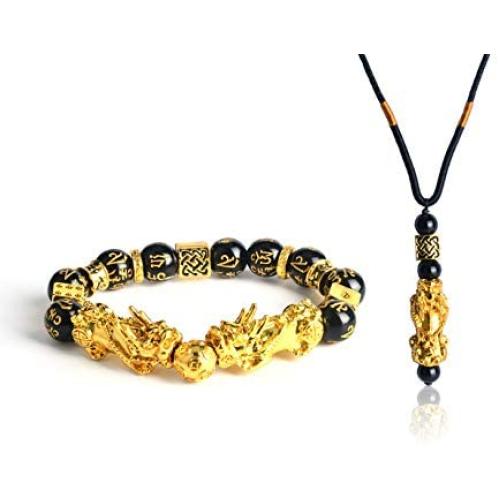 BEAUTEVER Feng Shui Lucky Nafu Wealth Bracelet Pi Xiu Pi Yao Black Beads Obsidian Friendship Charm Bracelet for Men Women Adjustable Set