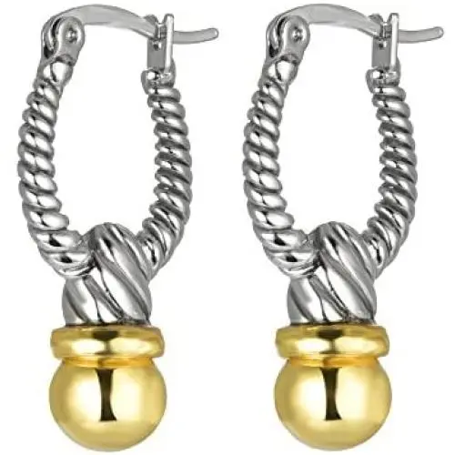 8MM Ball with Rope Design Drop Two Tone Earrings 8MM Ball with Rope Design Drop Two Tone Earrings