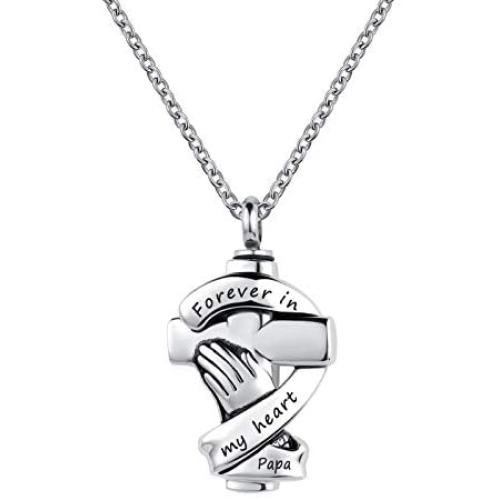 YSAHan Praying Hands Cross Urn Necklaces Ashes Cremation Memorial Stainless Steel Keepsake Pendant Jewelry Forever in My Heart for Women Men