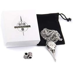Gungneer Runic Raven Skull Pendant Necklace, Helm of Awe Rune Nordic Viking Men Necklace, 316L Stainless Steel Bonus 2 Rune Beard Bead