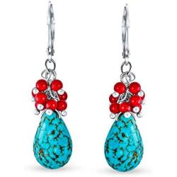 Compressed Turquoise Blue Crystal Dyed Coral Red Teardrop Pear Shape Drop Leverback Earrings For Women Silver Plated