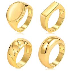 17 MILE 4 PCS Gold Chunky Dome Rings Set for Women 18K Real Gold Signet Polished Round Stacking Minimalist Ring Size 6-9