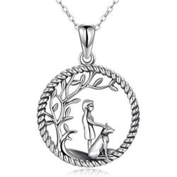 TRISHULA 925 Sterling Silver Necklace with Dog and Girl,Life of The Tree Round Pendant Jewelry Gift for Mother Daughter Girl