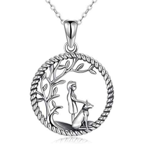 TRISHULA 925 Sterling Silver Necklace with Dog and Girl,Life of The Tree Round Pendant Jewelry Gift for Mother Daughter Girl