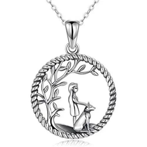TRISHULA 925 Sterling Silver Necklace with Dog and Girl,Life of The Tree Round Pendant Jewelry Gift for Mother Daughter Girl