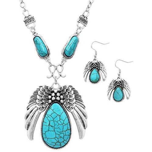 Rosemarie Collections Women’s Statement Teardrop Turquoise with Angel Wings Necklace Earrings Set