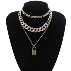 2 Pcs Hip Hop Rhinestone Necklace Shiny Cuban Link Chain Choker Bling Collar Chains Chunky Necklace Bracelet Fashion Punk Lock Pendant Cool Jewelry Gifts Nightclub Jewelry for Women and Girls