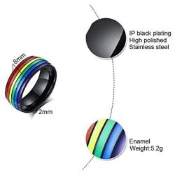 yfstyle Rainbow Pride Rings for Women Men Gay Lesbian 8mm Stainless Steel Engagement Rings Black Silver Plated LGBT Ring Size 6 to 15 LGBTQ Jewelry Gifts