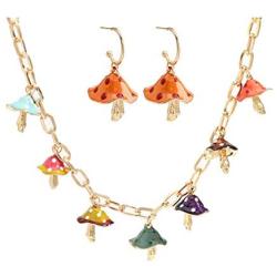 Cute Colorful Fresh Simulation Mushroom Dangling Earrings Necklace Set Handmade Gummy Mushroom Shape Pendant Chain Beaded Necklace Rainbow Colored 3D Food Vegetables Jewelry for Women Girls