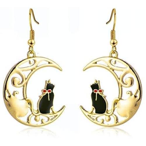 Cute Cat Moon Earrings Animal Earrings Hollow moon cat earrings Jewelry Gift for Women