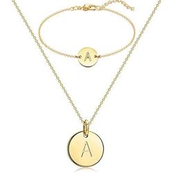 RINHOO 2PC/Set Initial Pendant Necklace Bracelet Stainless Steel Children Round Alphabet A-Z Letter Bracelet for Women Girl Jewelry