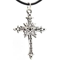 Trilogy Jewelry Pewter Gothic Cross with Pentagram Star Pendant on Leather Necklace