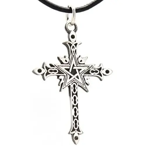 Trilogy Jewelry Pewter Gothic Cross with Pentagram Star Pendant on Leather Necklace Trilogy Jewelry Pewter Gothic Cross with Pentagram Star Pendant on Leather Necklace