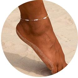 Kyerlyn Dainty Simple Chain Ankle Bracelet for Women 18k Gold/Silver Plated Summer Beach Beaded Moon Figaro Satellite Cuban Pearl Flat Marina Adjustable Anklet for Women Girl Teen Fashion Jewelry Gift