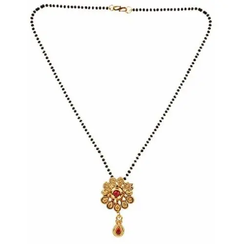 Efulgenz Indian Bollywood Traditional Gold Plated Ruby Emerald/Color CZ Stone Mangalsutra Pendant Necklace Jewelry with Chain for Women